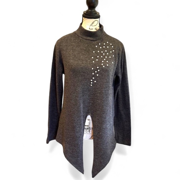 ZARA Charcoal Gray Mock-Neck Pearl Embellished Tunic Sweater – Size M - Picture 4 of 6